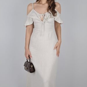 Fırfırlı Kayık Yaka Keten Elbise