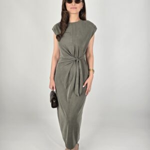 Bağlamalı -Vatkalı Tensel Elbise - Haki