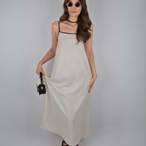 Şerit Detay Keten Maxi Elbise