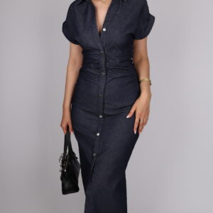 Düğme Detaylı Denim Elbise
